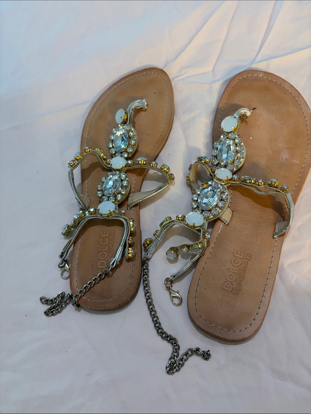 Mojo Moxy Tan Jeweled T-Strap Sandals with Gold Accents